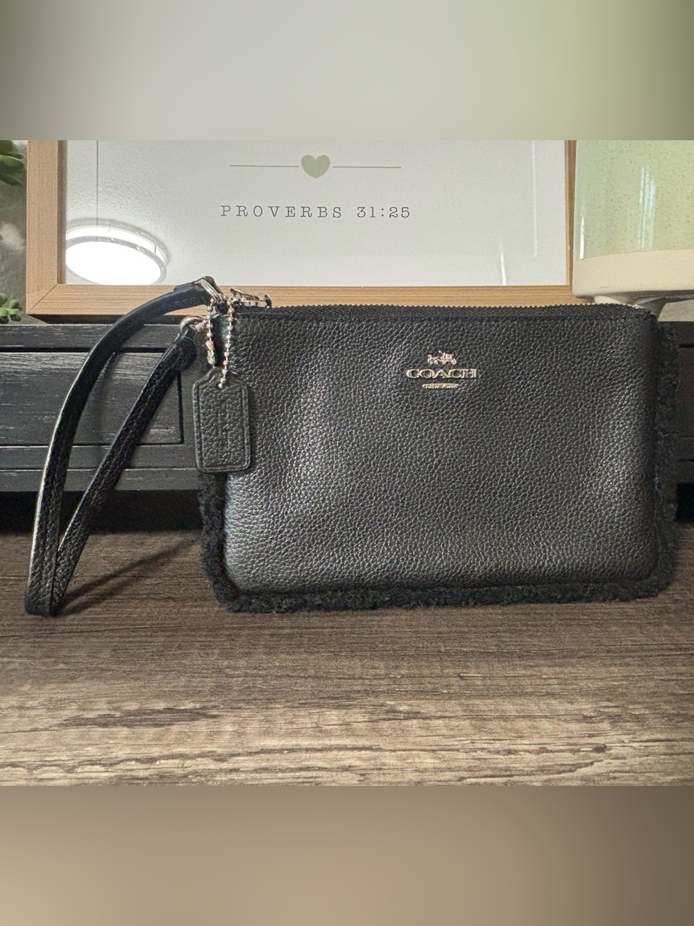 Coach Black Pebbled Leather Shearling-Trim Wristlet - Picture 2 of 11